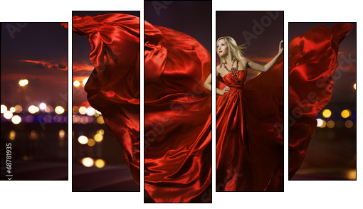woman dancing in silk dress, artistic red blowing gown waving  - Obraz pięcioczęściowy, Pentaptyk