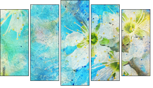 messy watercolor splatter and blooming spring twig  - Obraz pięcioczęściowy, Pentaptyk