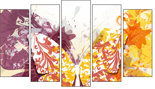 Grunge art background with butterfly made from swirls and ink sp  - Obraz pięcioczęściowy, Pentaptyk