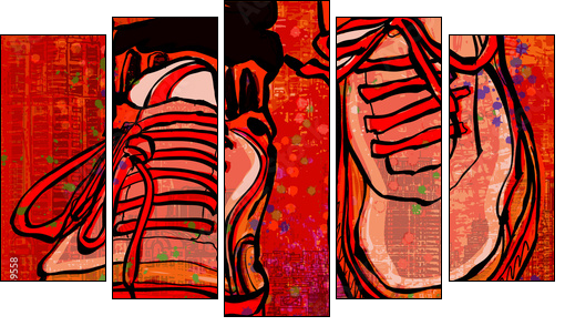 Basketball shoes over a grunge city background  - Obraz pięcioczęściowy, Pentaptyk