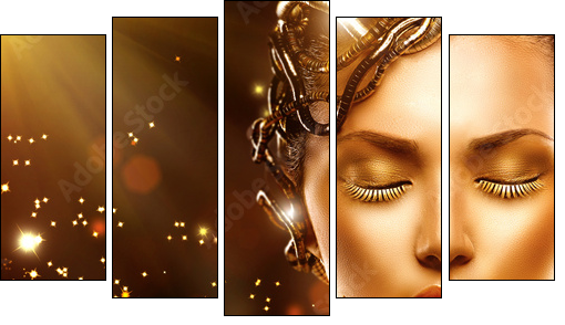 Model girl face with gold skin, nails, make-up and accessories  - Obraz pięcioczęściowy, Pentaptyk