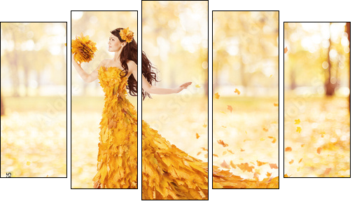 Autumn woman in fashion dress of fall maple leaves, artistic  - Obraz pięcioczęściowy, Pentaptyk
