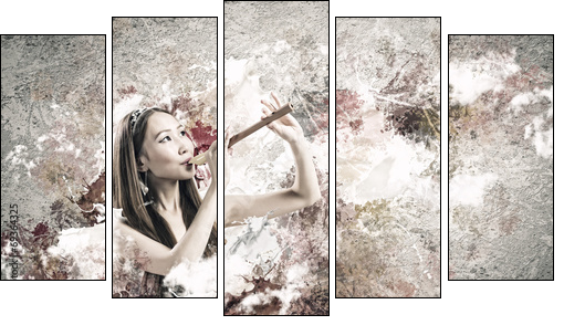 Woman playing fife  - Obraz pięcioczęściowy, Pentaptyk