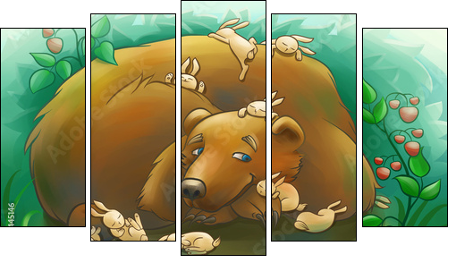 kind bear with the little rabbits  - Obraz pięcioczęściowy, Pentaptyk