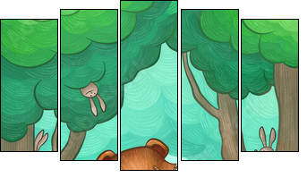 bear is racing on bicycle in the forest  - Obraz pięcioczęściowy, Pentaptyk