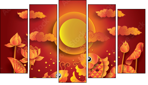 Golden koi fish with fullmoon  - Obraz pięcioczęściowy, Pentaptyk