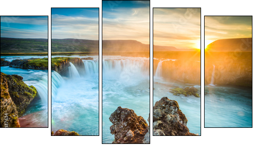 Iceland, Godafoss at sunset, beautiful waterfall, long exposure  - Obraz pięcioczęściowy, Pentaptyk