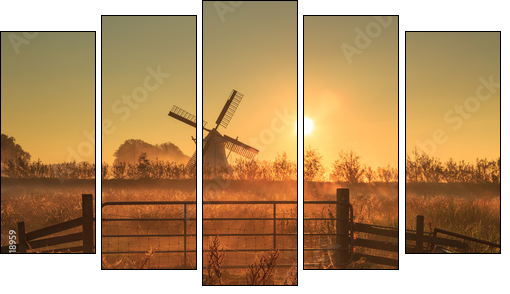 Fence and windmill in the Dutch countryside.  - Obraz pięcioczęściowy, Pentaptyk