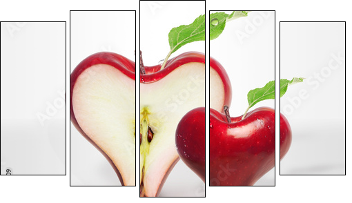 Red Apple heart love with slices two  - Obraz pięcioczęściowy, Pentaptyk