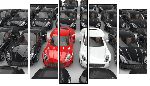Stand out red and white cars among many black cars  - Obraz pięcioczęściowy, Pentaptyk