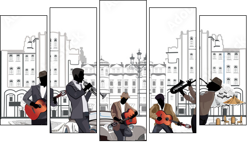 Series of street views with musicians  - Obraz pięcioczęściowy, Pentaptyk