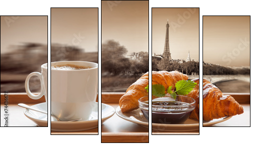 Coffee with croissants against Eiffel Tower in Paris, France  - Obraz pięcioczęściowy, Pentaptyk