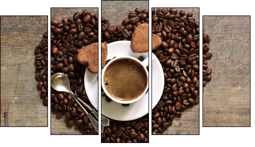 Cup of coffee with heart-shaped chocolate truffles.  - Obraz pięcioczęściowy, Pentaptyk