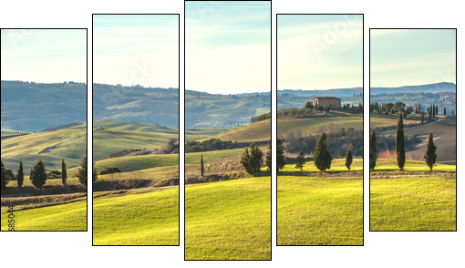 Artistic Tuscan landscape with cypresses, wavy fields and house  - Obraz pięcioczęściowy, Pentaptyk