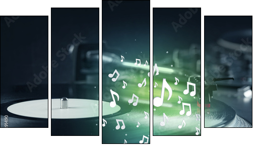 Turntable playing music with audio notes glowing  - Obraz pięcioczęściowy, Pentaptyk