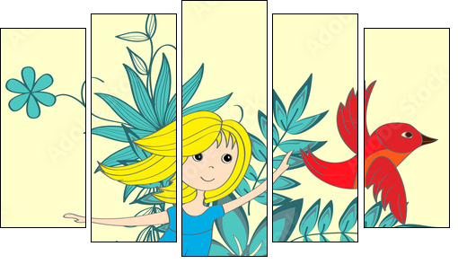 Flying little girl and magical red bird  - Obraz pięcioczęściowy, Pentaptyk