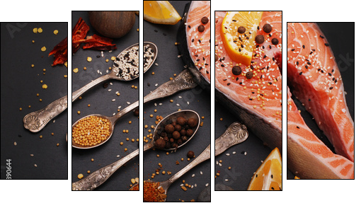 Fresh salmon and spices  - Obraz pięcioczęściowy, Pentaptyk
