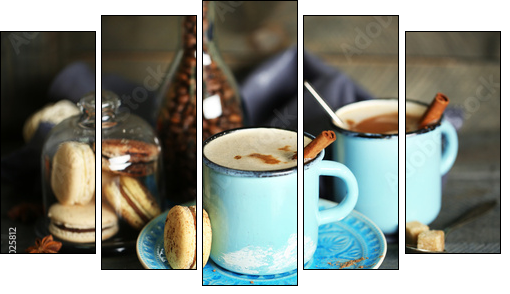 Beautiful composition with tasty cappuccino on wooden table  - Obraz pięcioczęściowy, Pentaptyk