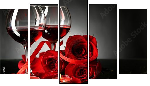 Composition with red wine in glasses, red rose and decorative  - Obraz pięcioczęściowy, Pentaptyk