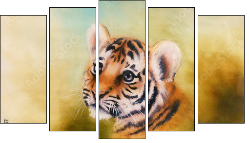 adorable baby tiger head looking out from a green  surroundings  - Obraz pięcioczęściowy, Pentaptyk