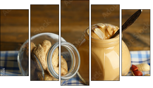 Fresh peanut butter in jar on wooden background  - Obraz pięcioczęściowy, Pentaptyk