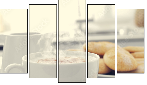 cappuccino and biscuits on the kitchen table  - Obraz pięcioczęściowy, Pentaptyk