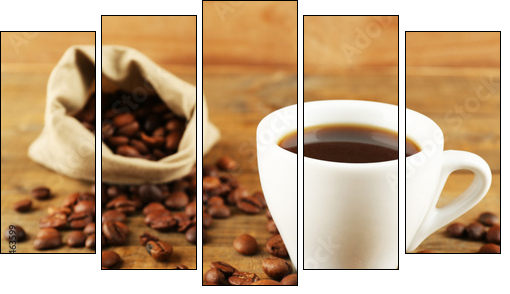 Cup of coffee with beans on rustic wooden background  - Obraz pięcioczęściowy, Pentaptyk