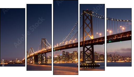 Dusk over San Francisco-Oakland Bay Bridge and San Francisco Skyline. Yerba Buena Island, San Francisco, California, USA. - Obraz pięcioczęściowy, Pentaptyk