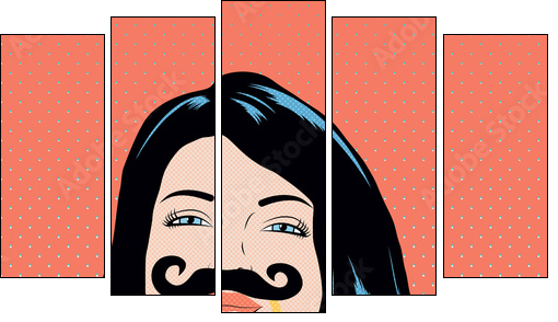 Pop art illustration with girl holding mustache mask. - Obraz pięcioczęściowy, Pentaptyk