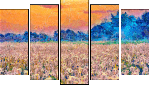 Summer meadow blow balls landscape painting - Obraz pięcioczęściowy, Pentaptyk