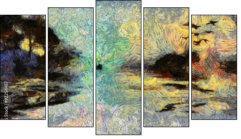 Vivid Swirling Painting of Islands Sunset or Sunrise - Obraz pięcioczęściowy, Pentaptyk