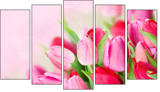 spring pink tulips bouquet - Obraz pięcioczęściowy, Pentaptyk