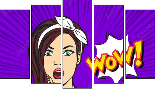 Vector pop art surprised woman face with open mouth and a WOW bubble - Obraz pięcioczęściowy, Pentaptyk