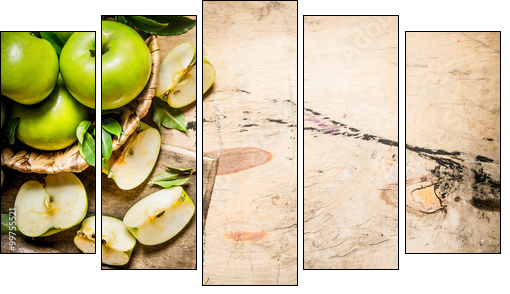 Fresh green apples in the basket with knife . - Obraz pięcioczęściowy, Pentaptyk