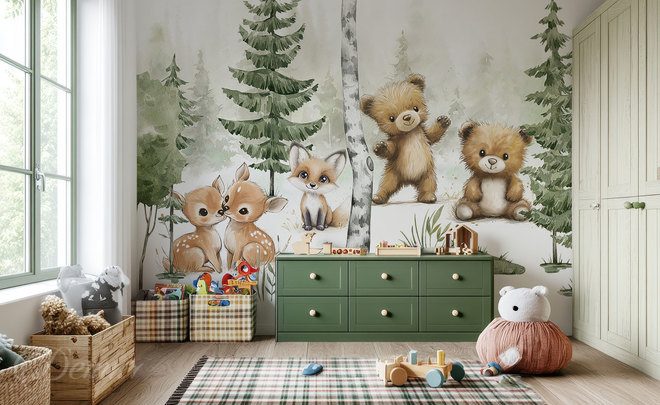 Lesni-przyjaciele-w-bajkowej-scenerii-dla-dzieci-fototapety-demur